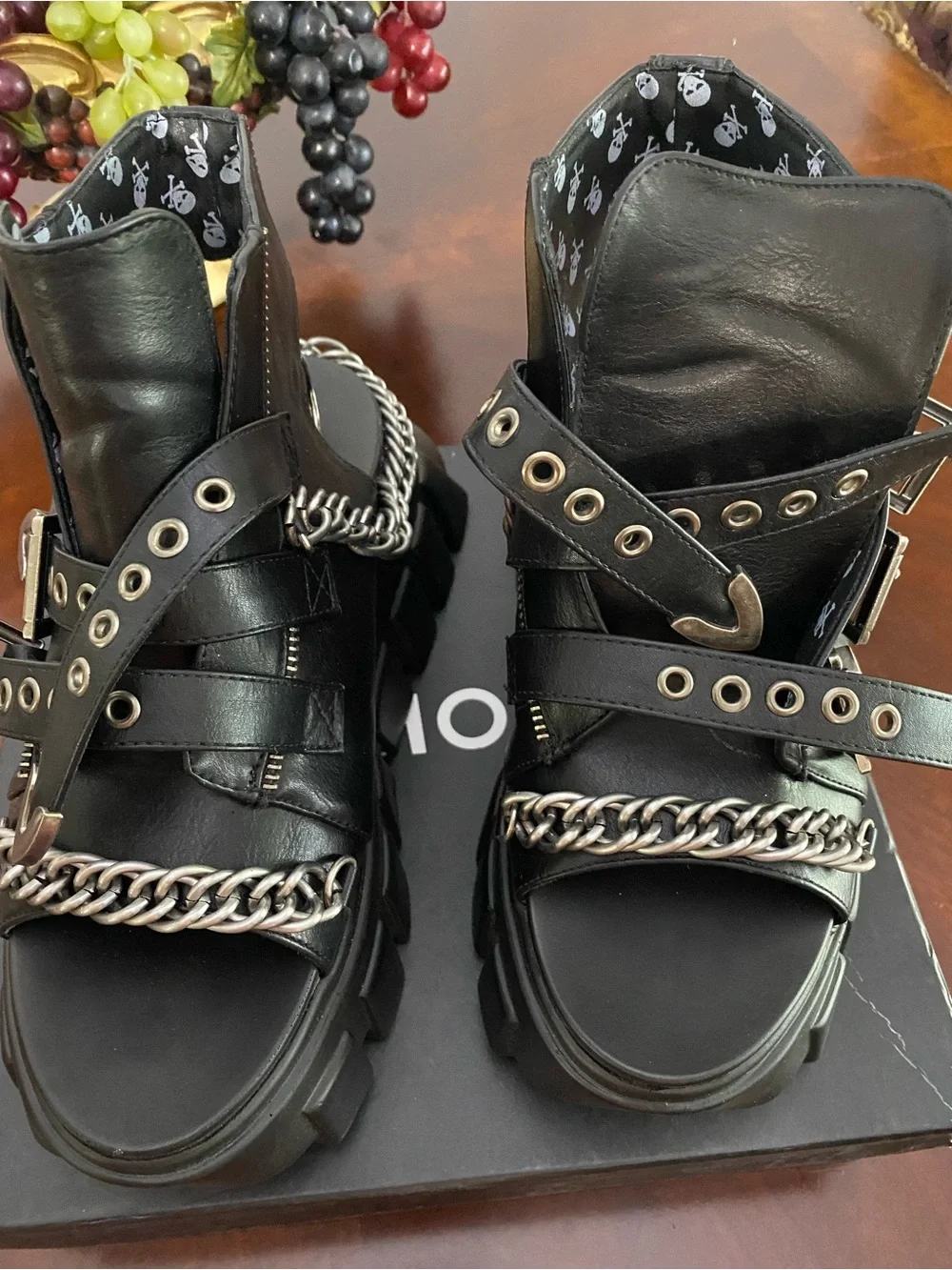 Black Platform Sandals with Skull Accent and Chain Detail